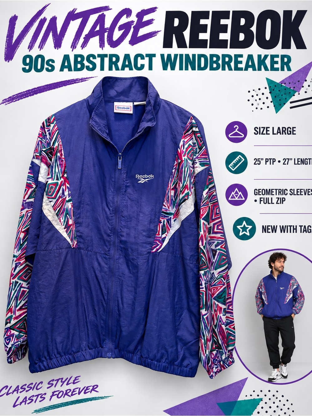 Vintage 90s Reebok Abstract Geometric Windbreaker Jacket Large